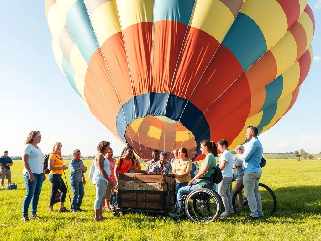 A diverse group of people, including individuals with disabilities, are joyfully preparing a hot air balloon for flight, set against a backdrop of a sunny, open field. The atmosphere is one of collaboration and excitement, emphasizing inclusivity.