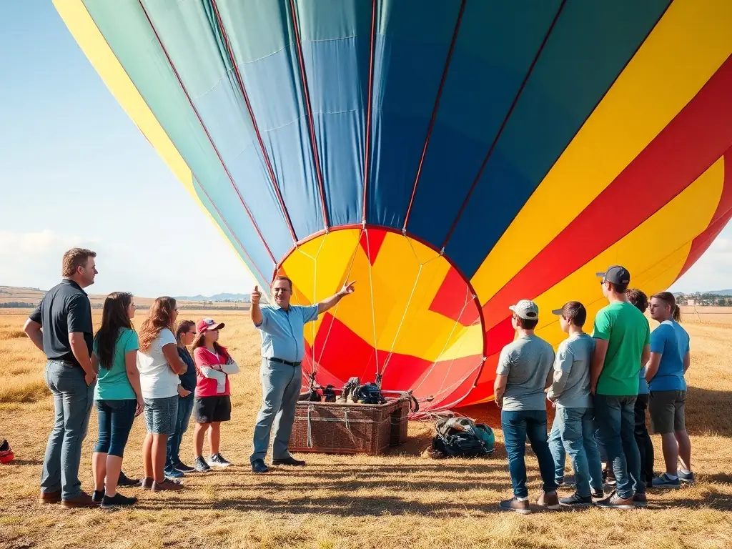 A group of students are gathered around a hot air balloon, listening attentively to an instructor who is explaining the principles of aerostation. The scene is educational and engaging, highlighting the learning opportunities provided by MONTGOLFIERE EVASION.
