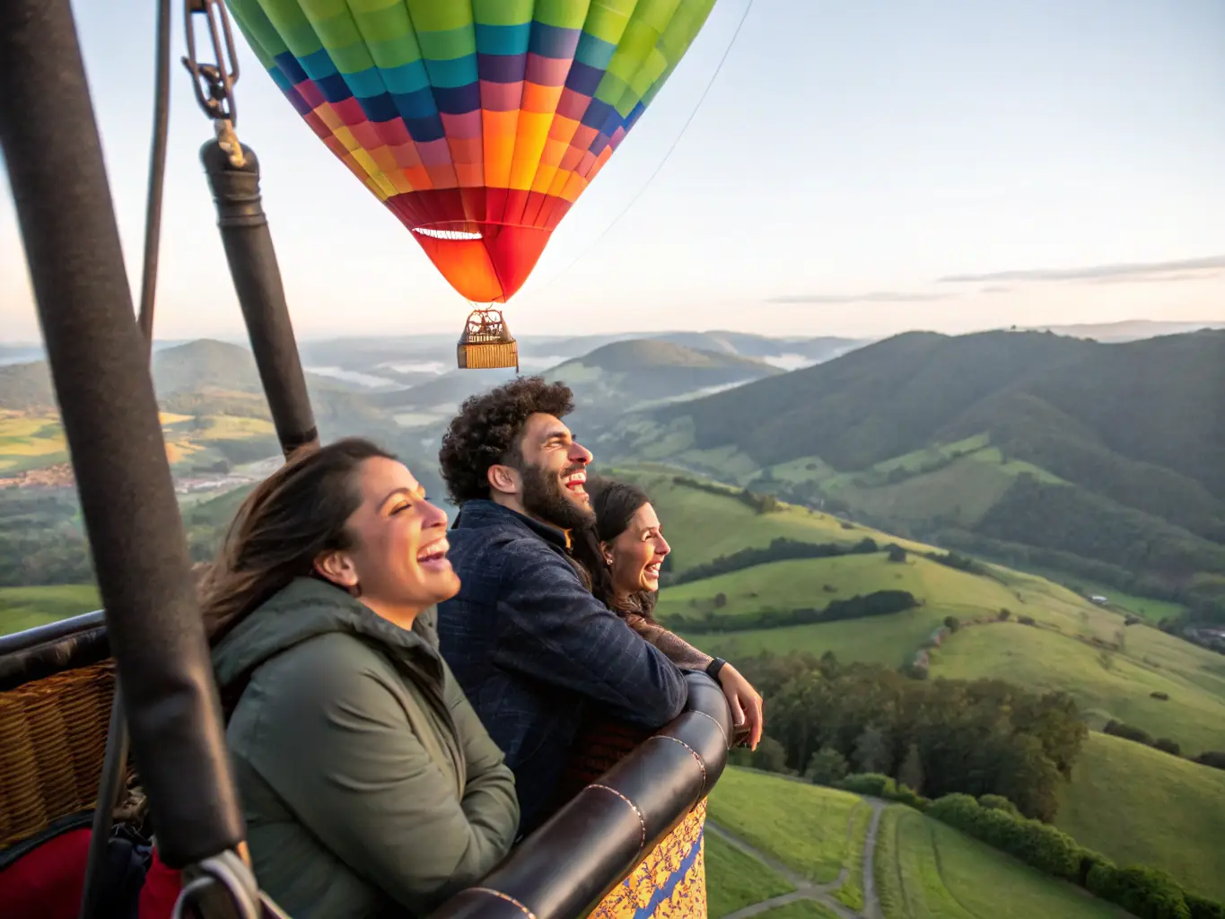 A captivating image of a hot air balloon soaring over a picturesque landscape, with children and adults looking on in awe, representing MONTGOLFIERE EVASION's commitment to educational outreach and community engagement.
