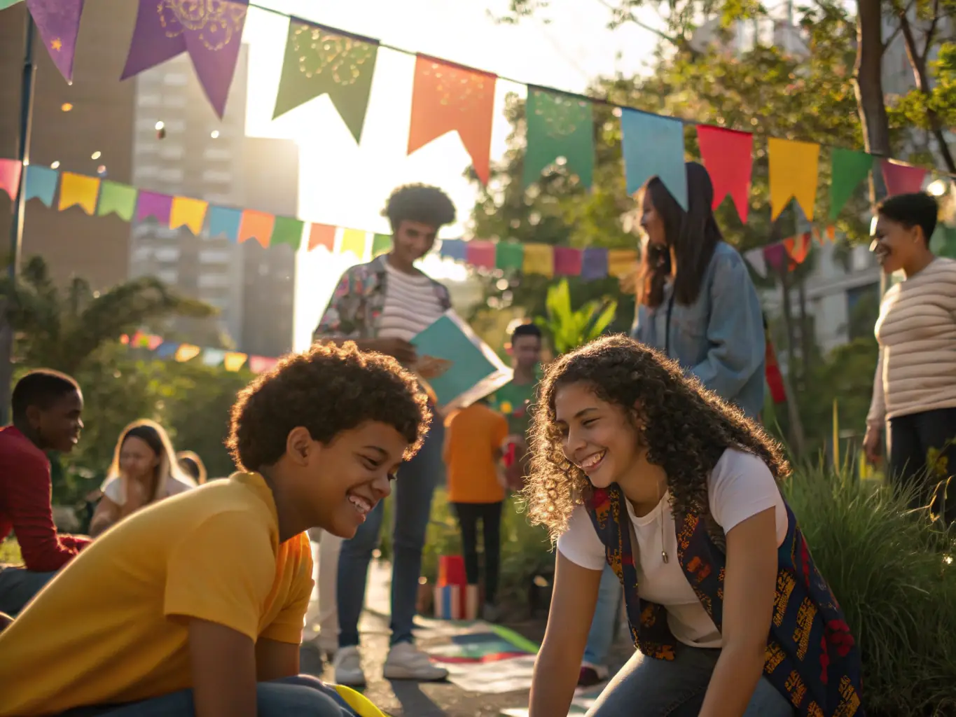 A vibrant scene from a public hot air balloon event, with families enjoying tethered balloon rides and engaging in aviation-themed activities. The atmosphere is festive and community-oriented, showcasing MONTGOLFIERE EVASION's role in bringing people together.