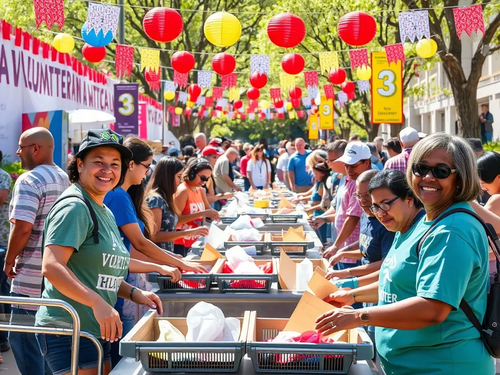 A vibrant image depicting a diverse group of people, including individuals with disabilities, joyfully participating in a hot air balloon inflation demonstration at a community event, showcasing the inclusive nature of MONTGOLFIERE EVASION's programs.