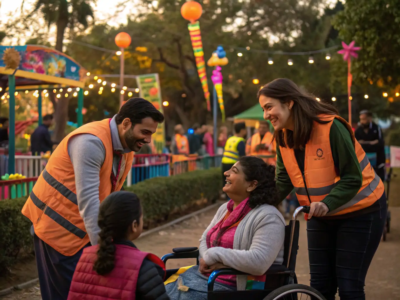 A heartwarming image of volunteers assisting participants with special needs as they prepare for a hot air balloon ride, highlighting MONTGOLFIERE EVASION's dedication to providing accessible and supportive experiences.